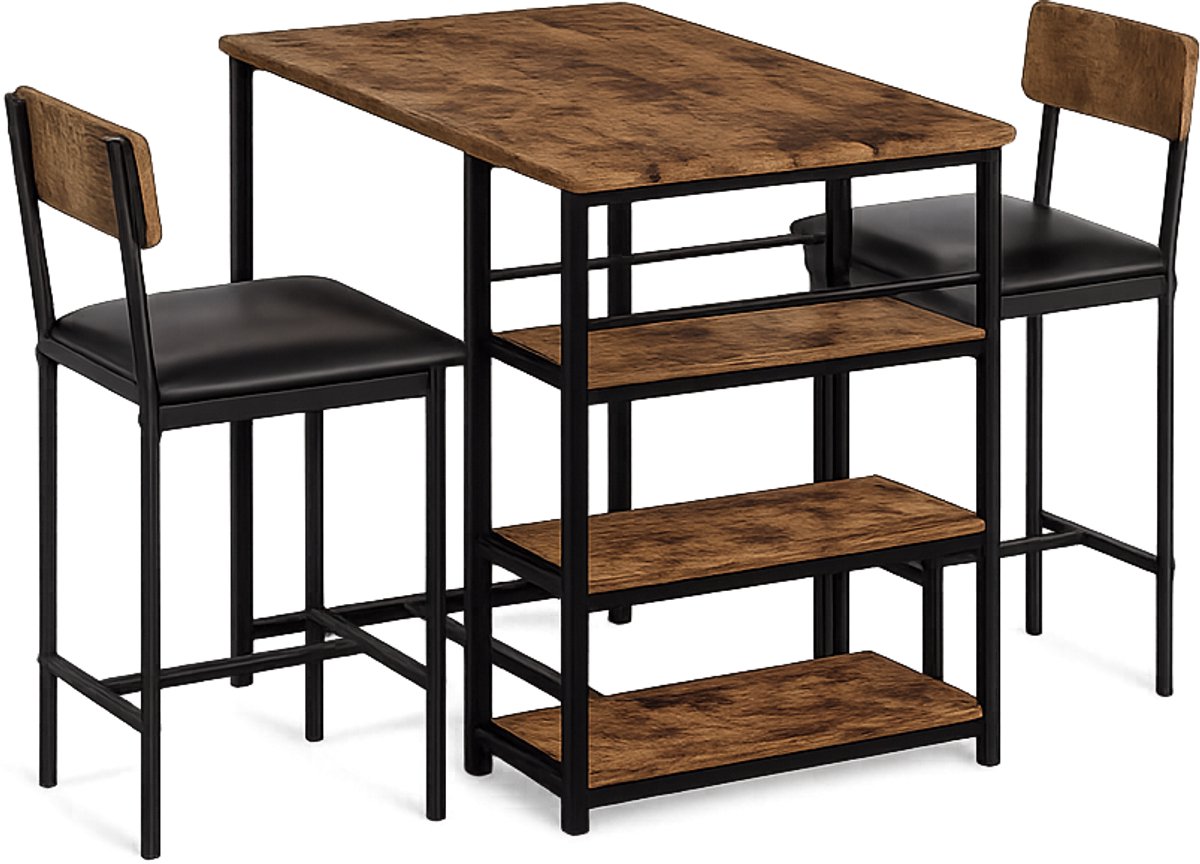 CORE Bartafelset met 2 Barkrukken - Ruimtebesparende Keukenbar met Opbergruimte - Houten Bartafel met Gestoffeerde Stoelen - Bistrotafel / Huisbarset - Hoge Eettafel met Krukken - 91.5x50x91.5cm - Zwart/Houtlook