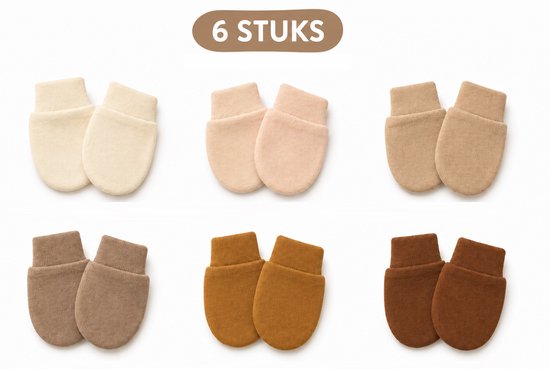 Six paires de moufles bébé de couleur crème, rose pâle, beige, marron et orange.