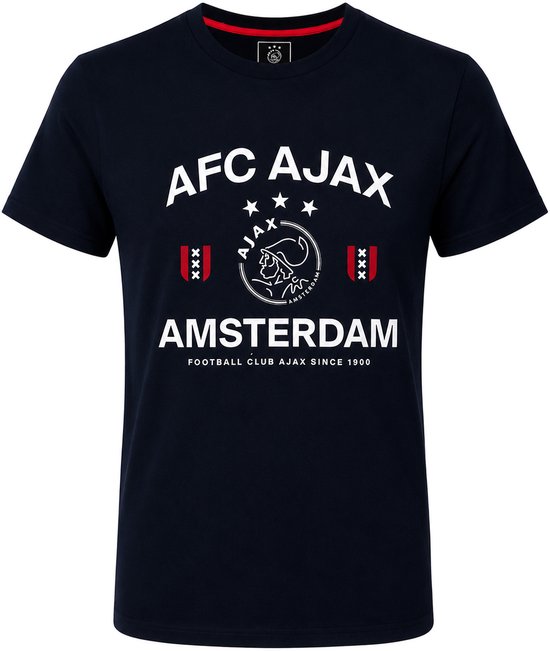 Donkerblauw AFC Ajax t-shirt met 'AFC AJAX AMSTERDAM' print en clublogo.