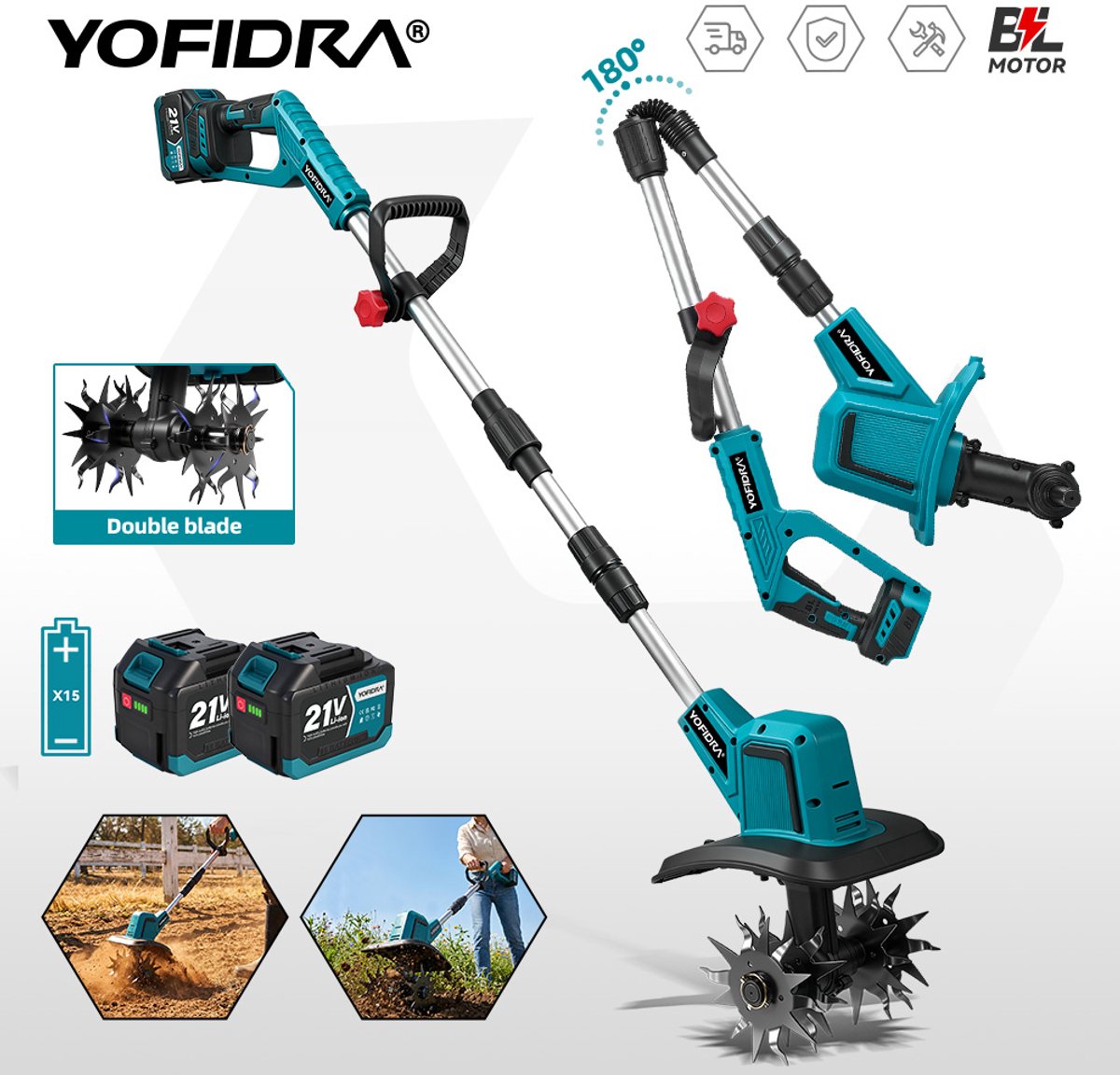 YOFIDRA Accu Grondfrees - 15cm diep - 180° opvouwbaar - 2 accu's voor lange gebruiksduur – ideaal voor moestuin, kas en tuin.