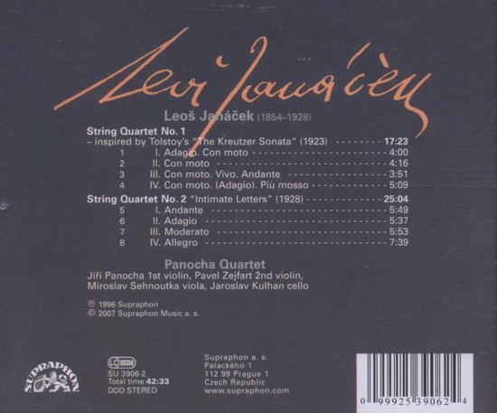 Achterkant van de cd van "String Quartets" van Leoš Janáček (1854-1928), met tracklijst en informatie over de Panocha Quartet.