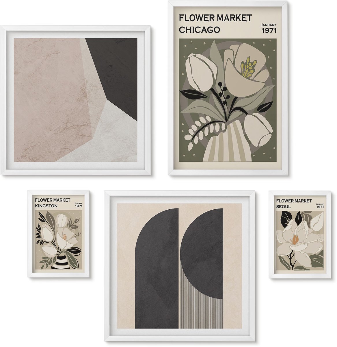 Wallfluent 5-Delige Schilderij Set - Stijlvolle Composities Met Bloemen- En Geometrische Motieven. - 50 x 50 cm, 20 x 30 cm En 40 x 60 cm - Wanddecoratie - Moderne Interieurdecoratie - Stijlvolle Muurdecoratie
