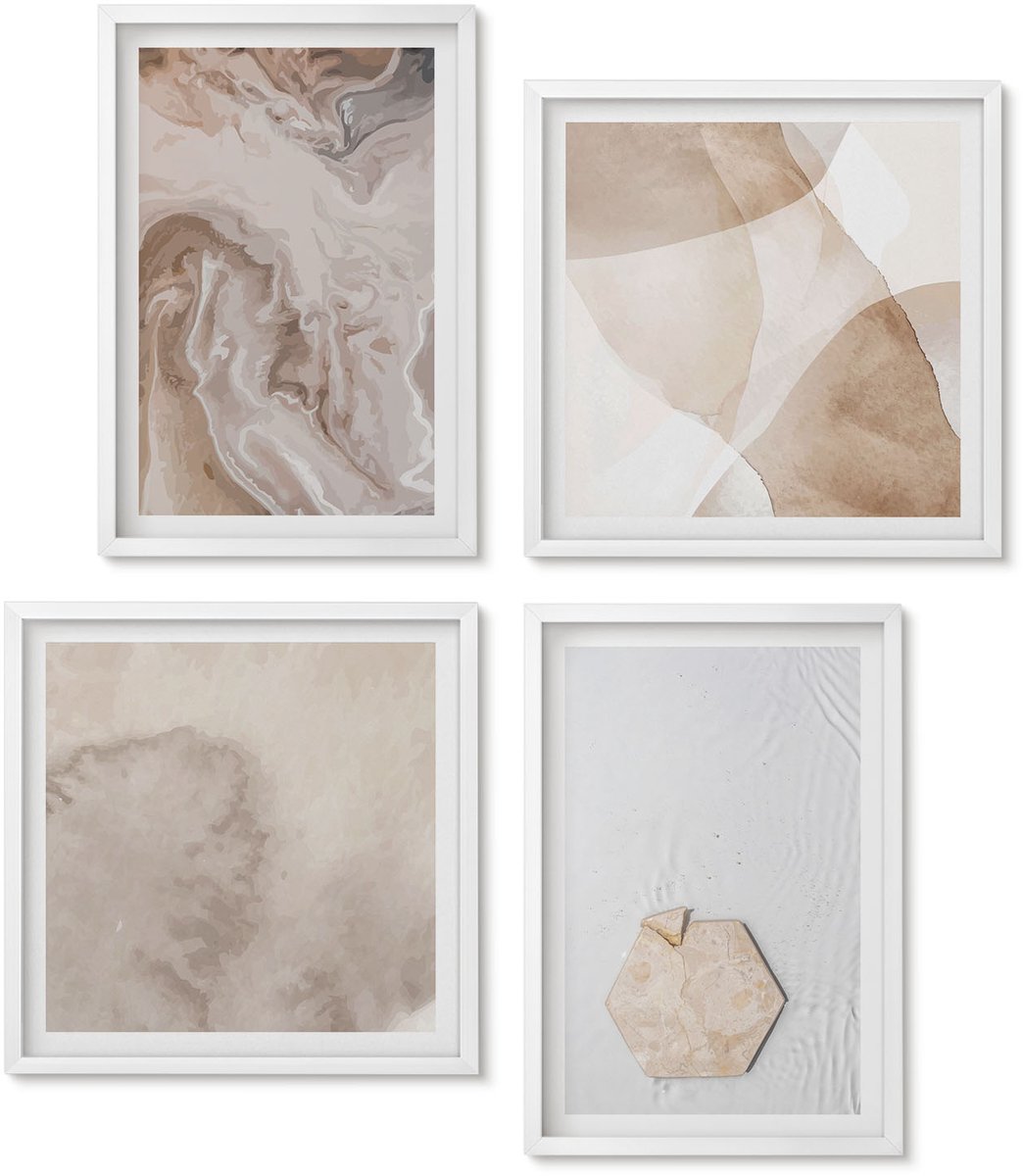 Wallfluent 4-Delige Schilderij Set - Abstracte Vormgeving Geïnspireerd Door De Natuur. - 40 x 40 En 40 x 60 - Muurdecoratie - Wanddecoratie - Slaapkamer - Interieur Decoratie