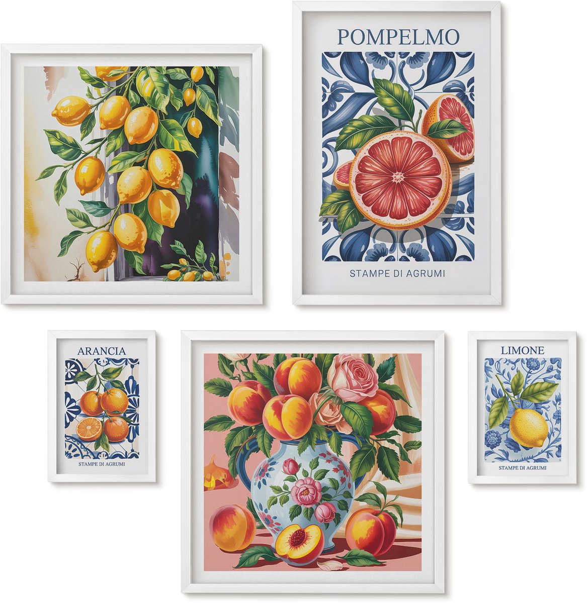 Wallfluent 5-Delige Schilderij Set - Zonnige Accenten Met Citrusvruchten In Een Vintage Stijl - 50 x 50 cm, 20 x 30 cm En 40 x 60 cm - Muurdecoratie - Decoratieve Schilderijen - Wohnzimmer - Wanddecoratie