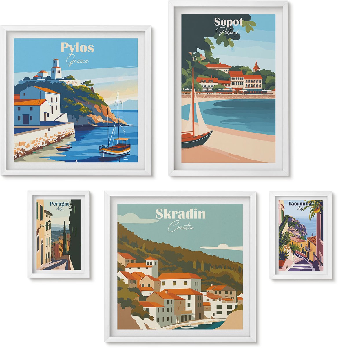 Wallfluent 5-Delige Schilderij Set - Landschappen Van Kustplaatsen In Retro- En Vakantiestijl - 50 x 50 cm, 20 x 30 cm En 40 x 60 cm - Muurdecoratie - Schilderijen Set - Woonkamer - Moderne Wanddecoratie