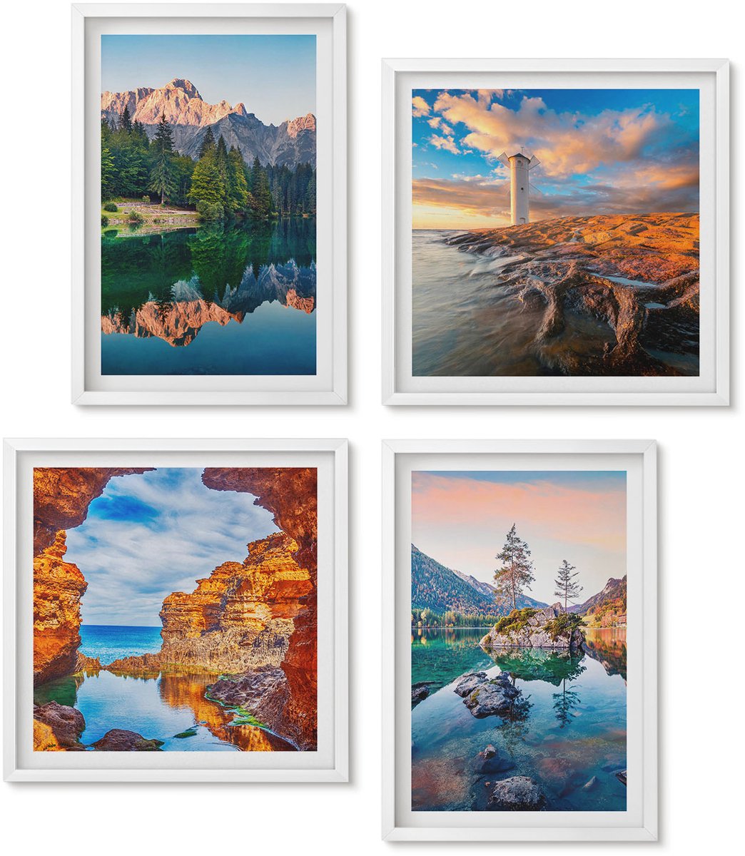 Wallfluent 4-Delige Schilderij Set - Bergmeren Met Weerspiegelingen In Het Water En De Rotsen. - 40 x 40 En 40 x 60 - Muurdecoratie - Schilderijen Set - Woonkamer - Stijlvolle Muurdecoratie