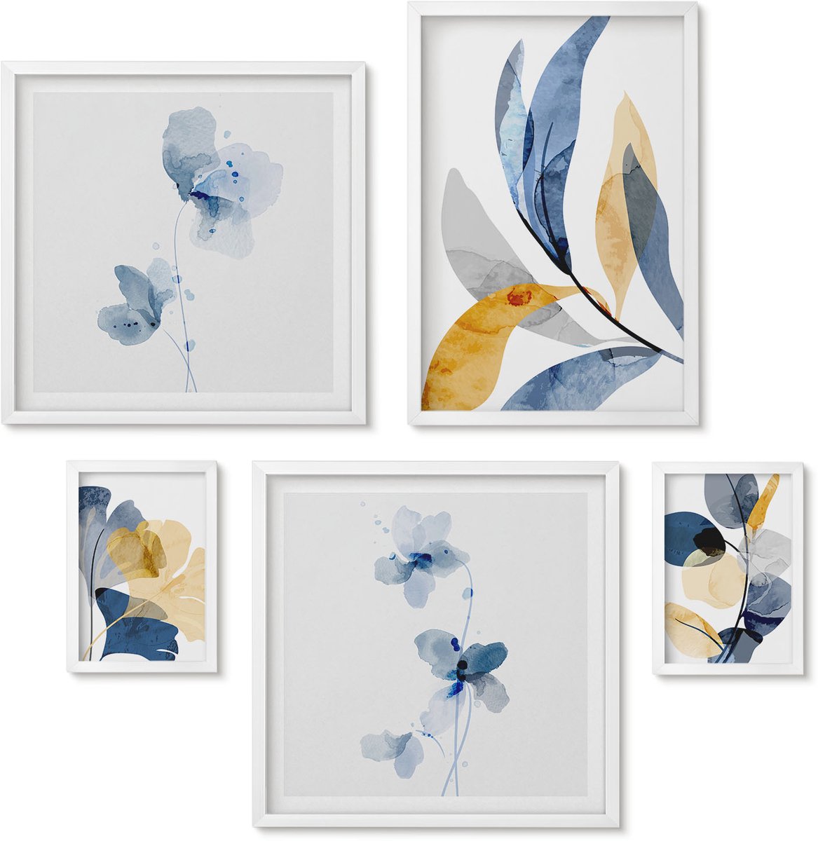 Wallfluent 5-Delige Schilderij Set - Plantmotieven In Pasteltinten Voor Interieurs - 50 x 50 cm, 20 x 30 cm En 40 x 60 cm - Wanddecoratie - Woonkamer Decoratie - Interieur Decoratie