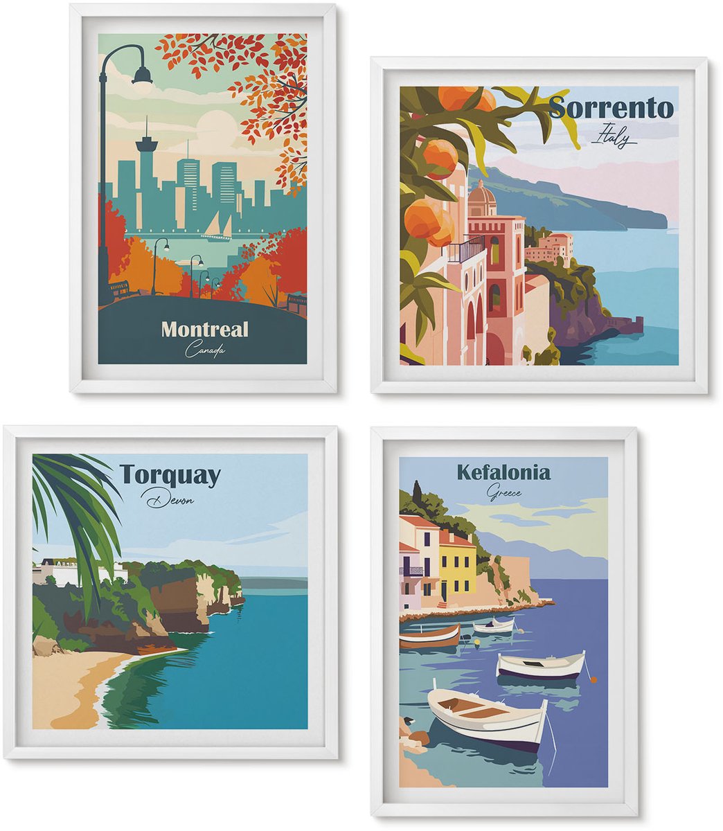 Wallfluent 4-Delige Schilderij Set - Retrobeelden Van Steden En Landschappen Van Over De Hele Wereld - 40 x 40 En 40 x 60 - Schilderijen Set - Wanddecoratie - Woonkamer