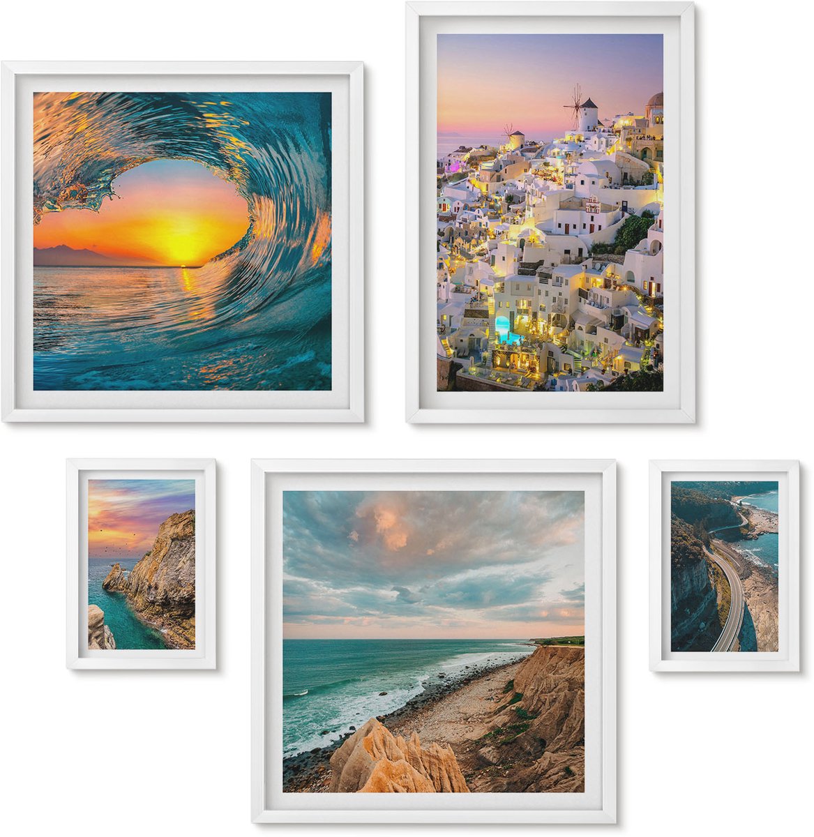 Wallfluent 5-Delige Schilderij Set - Kustlandschappen Met Pittoreske Uitzichten En Stranden - 50 x 50 cm, 20 x 30 cm En 40 x 60 cm - Wanddecoratie - Moderne Interieurdecoratie - Woonkamer Decoratie