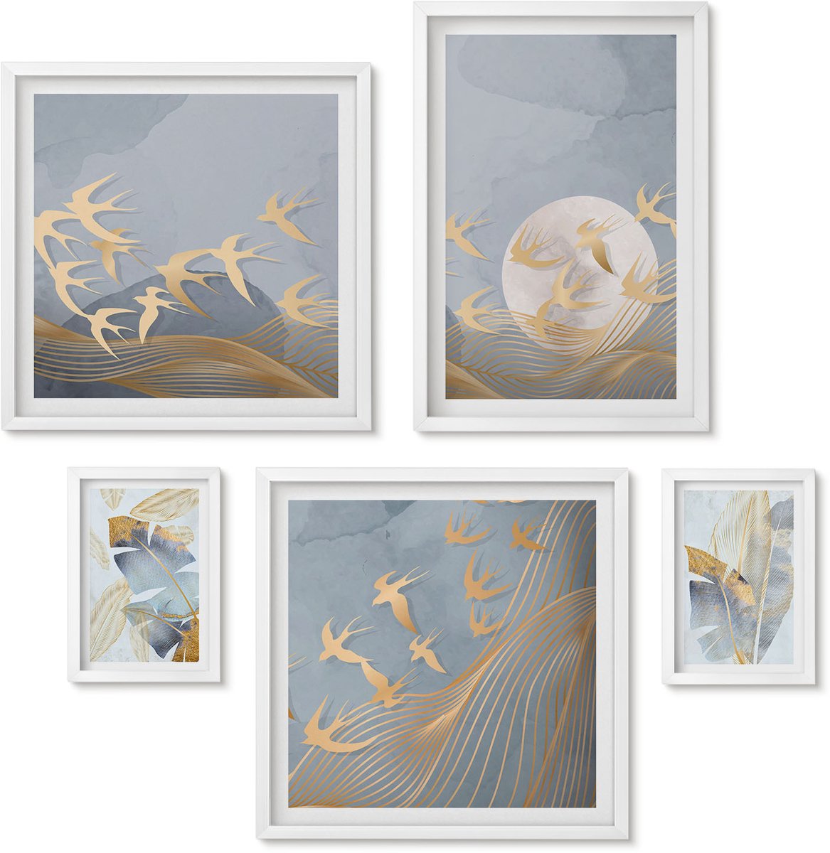 Wallfluent 5-Delige Schilderij Set - Stijlvolle Accenten Met Een Vogel- En Bladmotief In Grijstinten. - 50 x 50 cm, 20 x 30 cm En 40 x 60 cm - Wanddecoratie - Woonkamer Decoratie - Decoratieve Schilderijen
