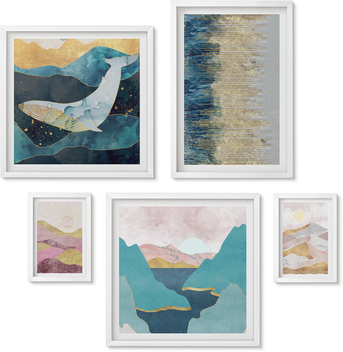 Wallfluent 5-Delige Schilderij Set - Abstracte Berg- En Zeegezichten In Een Moderne Stijl. - 50 x 50 cm, 20 x 30 cm En 40 x 60 cm - Schilderijen Set - Wanddecoratie - Woonkamer - Woonkamer Decoratie