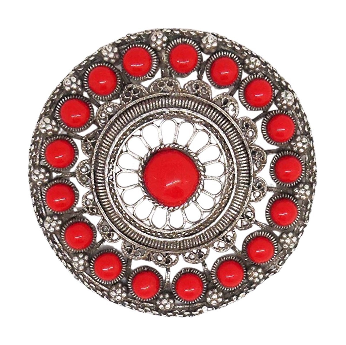 Zeeuws Meisje - Zeer grote 7 cm doorsnede Elegante Zeeuwse Knoop Rood met Rode Emaille Zwaar Verzilverd filigrain
