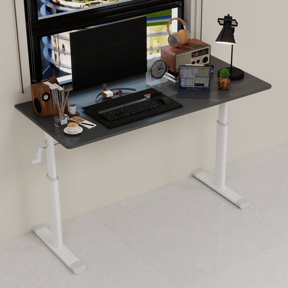Verstelbaar Bureau Handmatig - Hoogte Verstelbaar 120 x 60 x 90 Cm - Metaal En Hout - Grijs - Op Zit En Stahoogte Voor Thuis En Kantoor