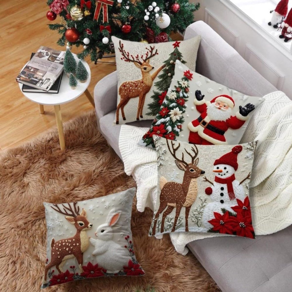4 stuks kerst kussenslopen 45x45 cm - Linnen kussenslopen - Met kerst decoratie van rendier, sneeuwpop en dennenboom - Kerst huisdecoratie - Geschikt voor woonkamer bank – foto 6
