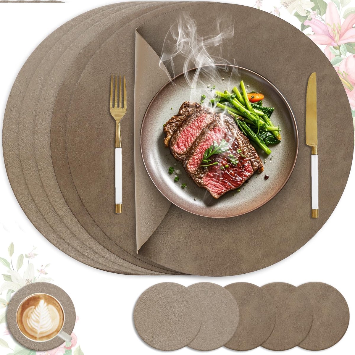 Set van 6 placemats van imitatieleer met onderzetters, lederlook, dubbelzijdig, antislip, afwasbaar en waterdicht, rond, 33 cm, bruin