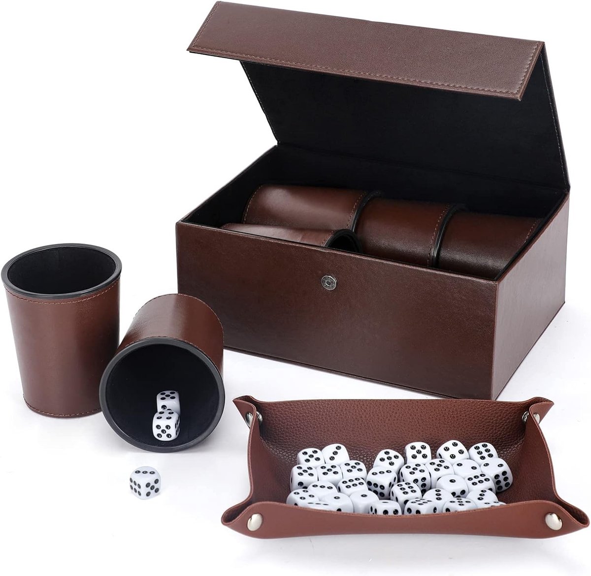 Dobbelsteenbeker Set - Bruin - 7,9 x 7,9 x 8,9 cm - PU-lederen Beker met Magneetsluiting - Voor Spelavonden en Reizen