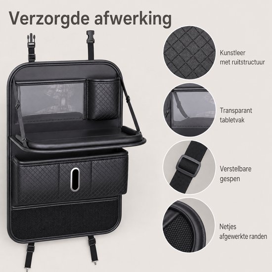 Auto Stoel Organizer met Tafeltje - 42 x 64 cm - Autostoel Organizer voor Tablet, Telefoon, Drank en Reisbenodigdheden - Ruimtebesparend Auto Accessoire - Zwart — afbeelding 4