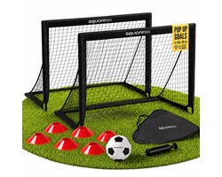 SquareSix Pop-Up Voetbaldoeltjes Set van 2 - 120x91x91 cm - Voetbaldoel - Voetbal Goals - Voetbal Trainingsmateriaal - Bal, Pomp, 6 Hoedjes, Draagtas en 8 Grondankers - Zwart