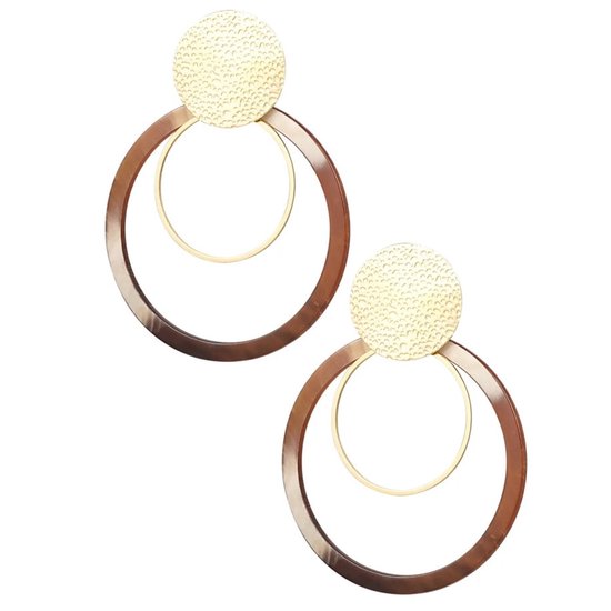 Goudkleurige oorbellen met gehamerde ronde studs en dubbele ringen in bruine en gouden tinten.