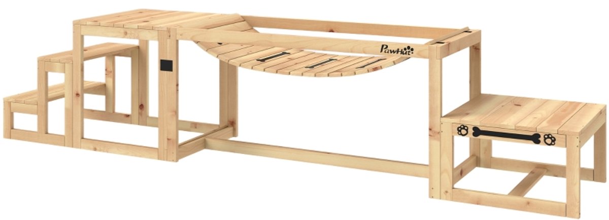 Hondenagility 260 × 50 × 56 cm houtkleur, hout, hondentrainer, hondenladder met rustplatform, voor balans- en conditietraining, geschikt voor middelgrote en grote honden tot 40 kg.