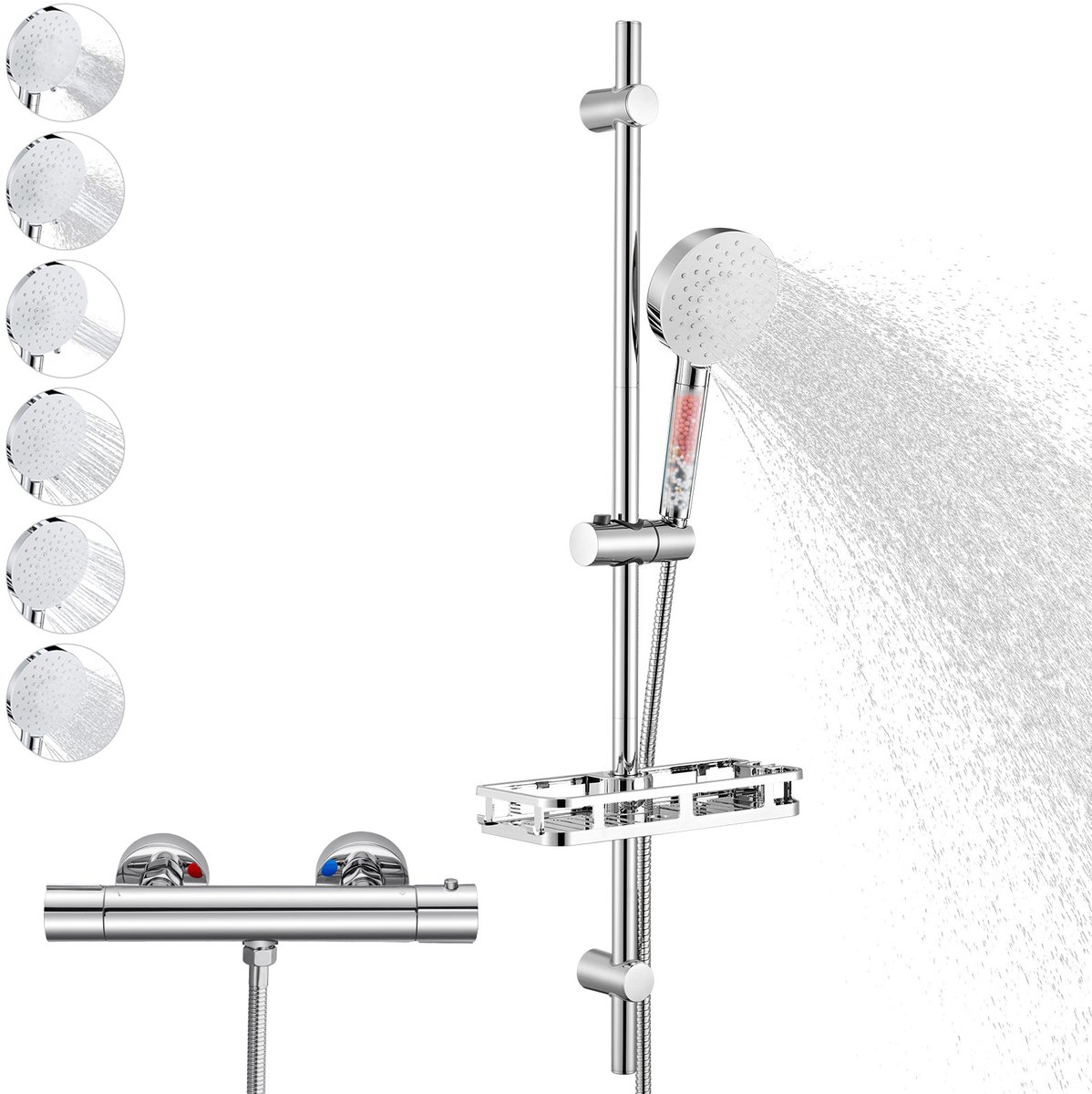 Auralum Max Glijstangset met Thermostaatkraan - 90 cm Glijstang Doucheset - Inclusief Plankje - 38 °C Veiligheidsfuncties Douchekraan - 6 Standen Handdouche - Douchekop met 4 Filters - Hoge Druk - Anti-Kalk - Waterbesparende - Chroom&Wit