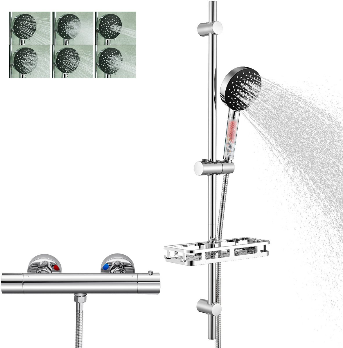 Auralum Max Glijstangset met Thermostaatkraan - Douchekop met 4 Filters - 90 cm Glijstang Doucheset - Inclusief doucheplank - 6 Standen Handdouche - Hoge Druk - Anti-Kalk Douchekop - Doucheslang 150 cm - Waterbesparend - Chroom&Zwart