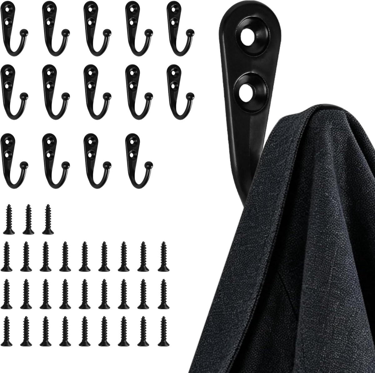 15 x kledinghaken zwart met 30 schroeven, wandhaken om te - ShopVlot