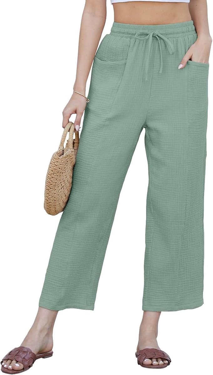 CheChury Women Cropped Pants Cotton Linen Pants Elastic High Waist Pants Solid Ladies Summer Straight Leg Lounge Pants - ShopVlot