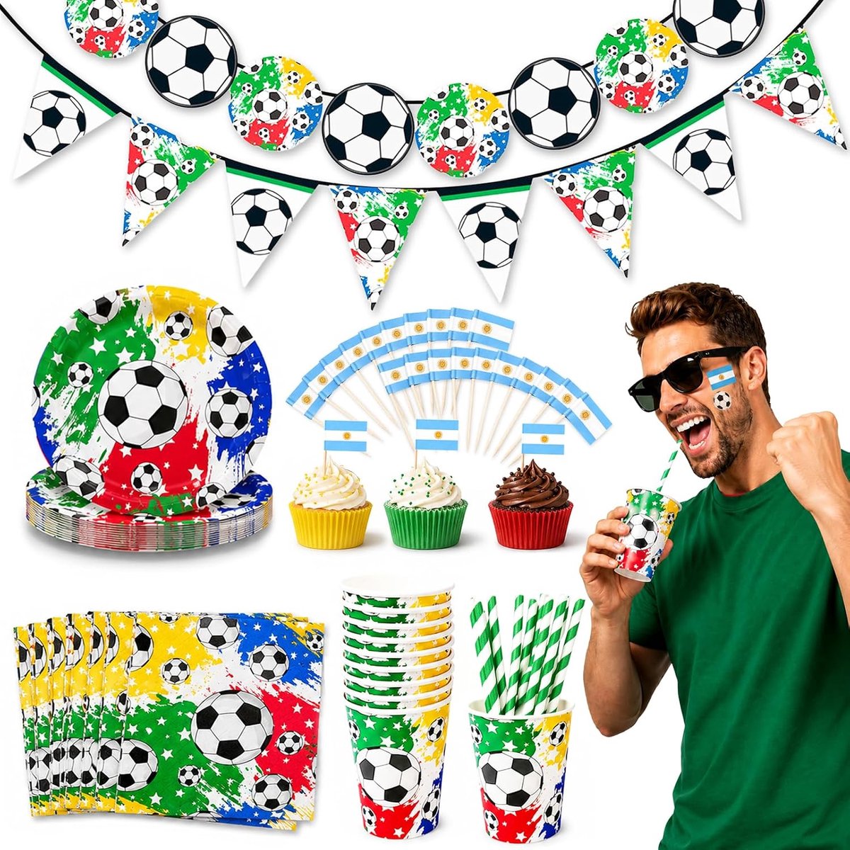 151 Piece Football Party Tableware Set, 100 Pieces Flag Toothpicks, Suitable for World Cup 2026 Public Viewing - ShopVlot