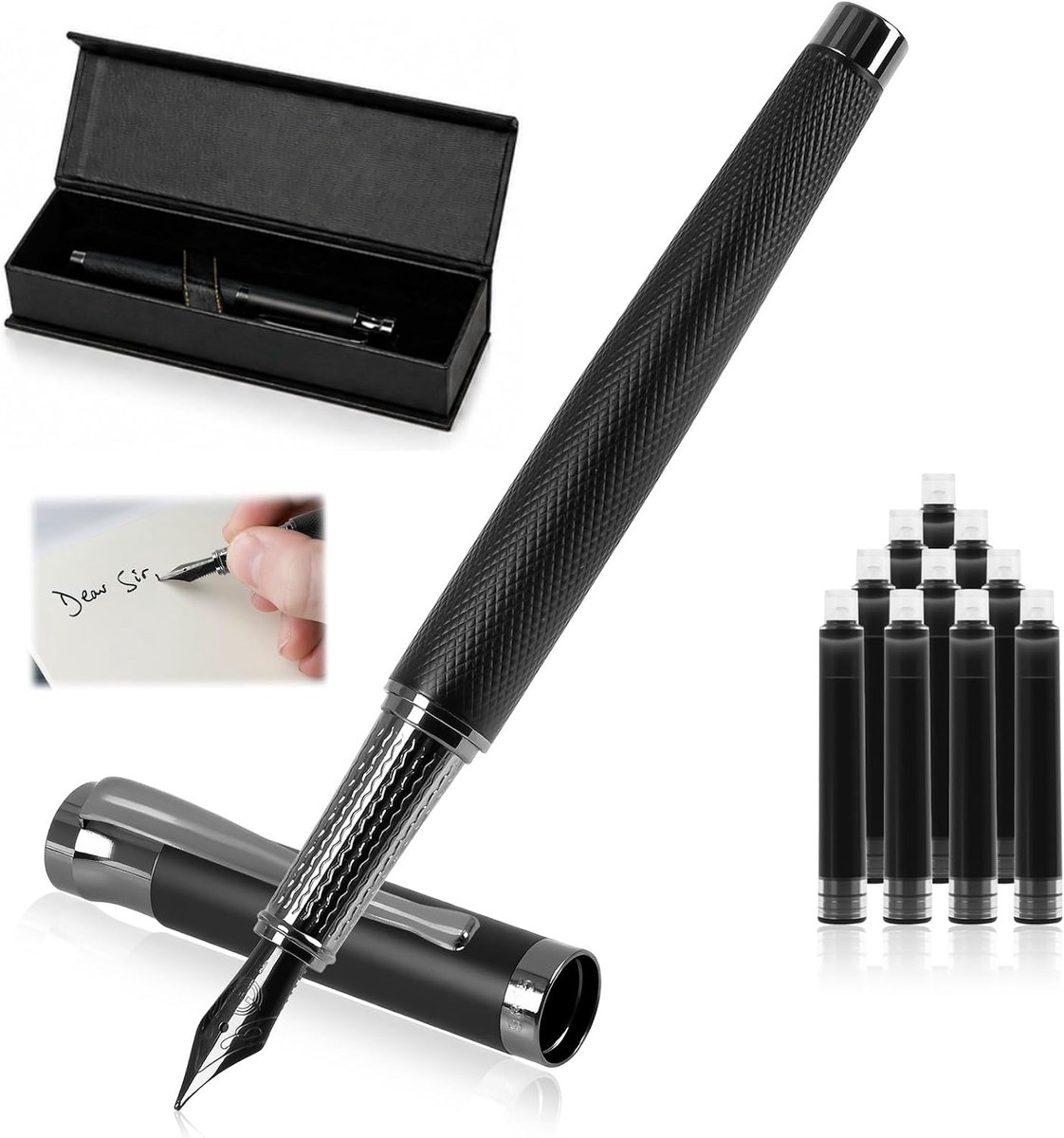 Luxe metalen vulpenset met geschenkdoos, 0,5 mm M-veer, vintage vulpen met gestructureerd oppervlak, incl. 10 zwarte - ShopVlot