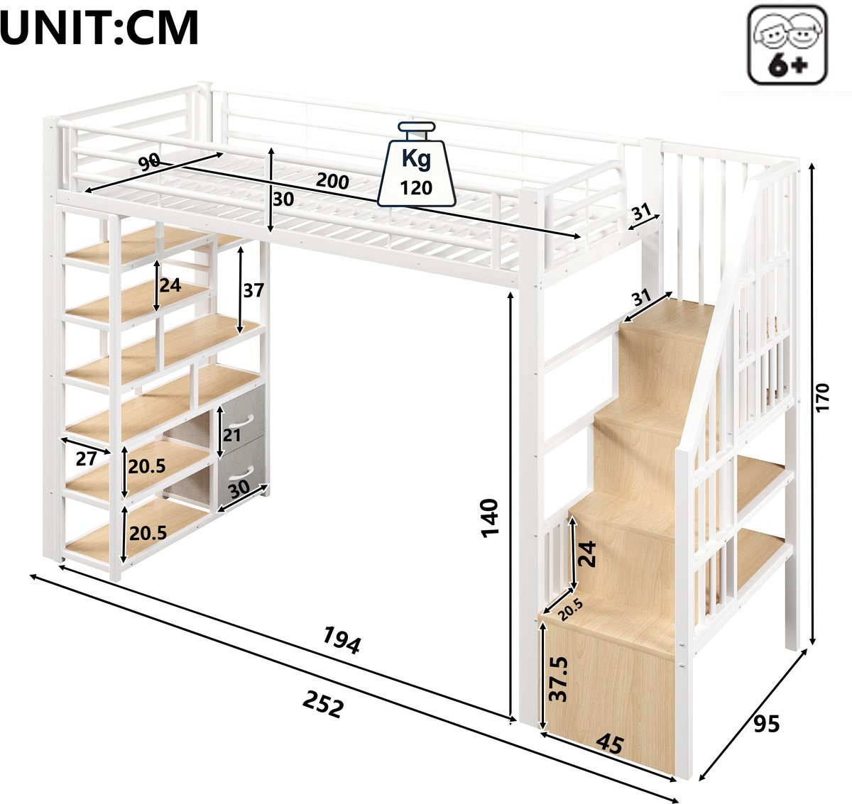 Hoogslaper - 90 x 200 cm - 1-persoons - met opbergruimte - met LED-verlichting - met ladder - Wit
