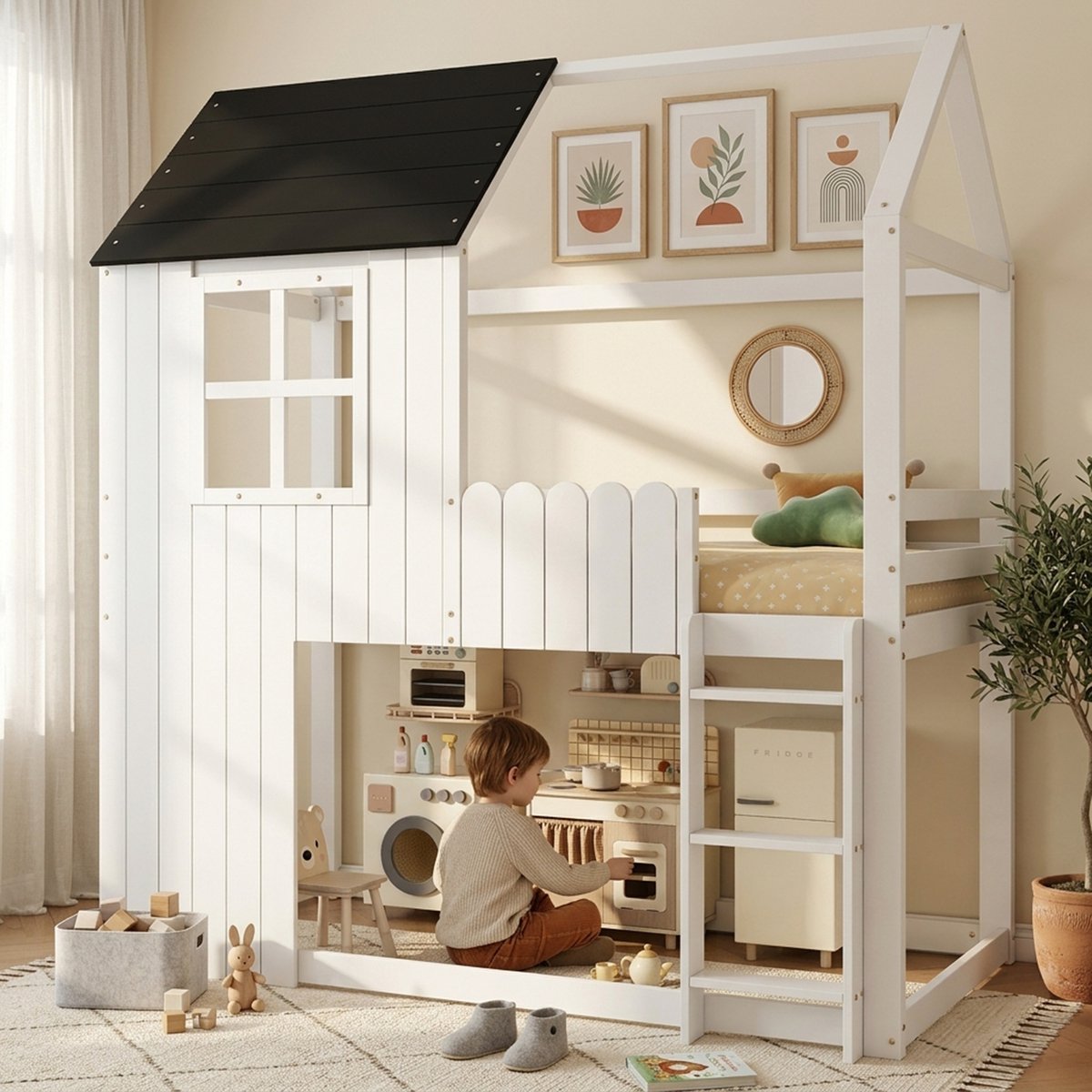 Zubaliya Hoogslaper - 90 x 200 cm - 1-persoons - met opbergruimte - met trap - Wit en Zwart