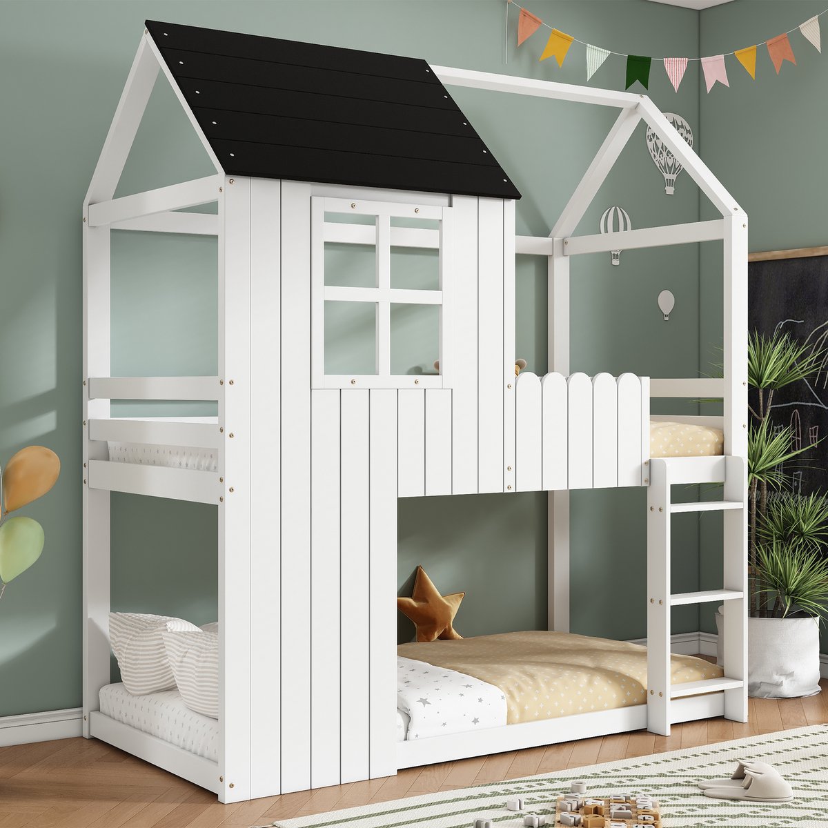 Hoogslaper - 90 x 200 cm - 1-persoons - met opbergruimte - met trap - Wit en Zwart