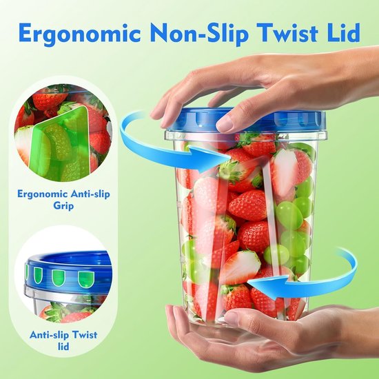 Mains tenant un pot transparent avec couvercle bleu, rempli de fraises et de raisins. Des illustrations montrent une prise antidérapante et un couvercle à visser.