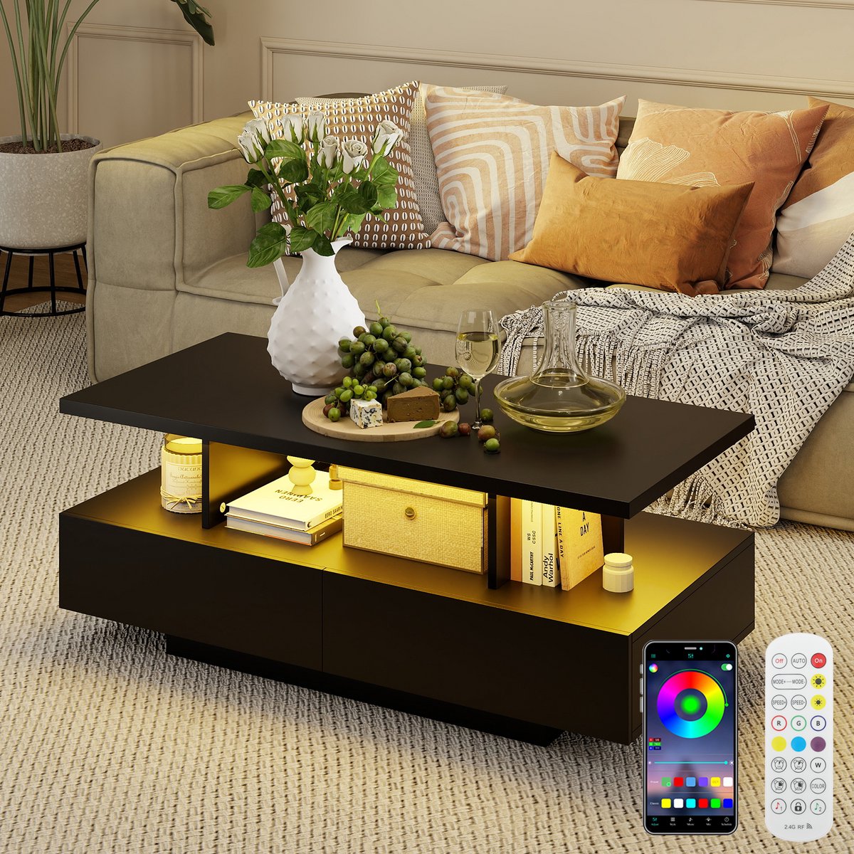 Puluomis Salontafel - LED-sfeerverlichting - met twee lades - 105x50x41,5 cm - Salontafel voor de woonkamer - Zwart