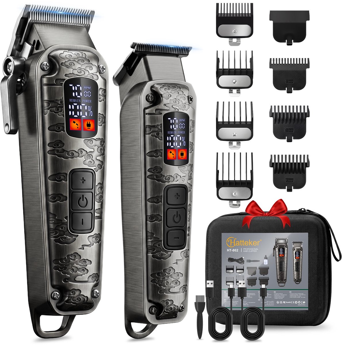 HATTEKER Tondeuse en Baardtrimmer – Professionele Haartondeuse Set – Precisietrimmer – 7 Opzetkammen – Met Opbergtas – Grijs