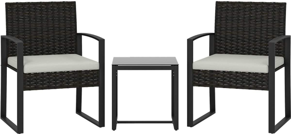 Rieten café-set - met 2 stoelen + een salontafel - afneembare kussens - crèmewit