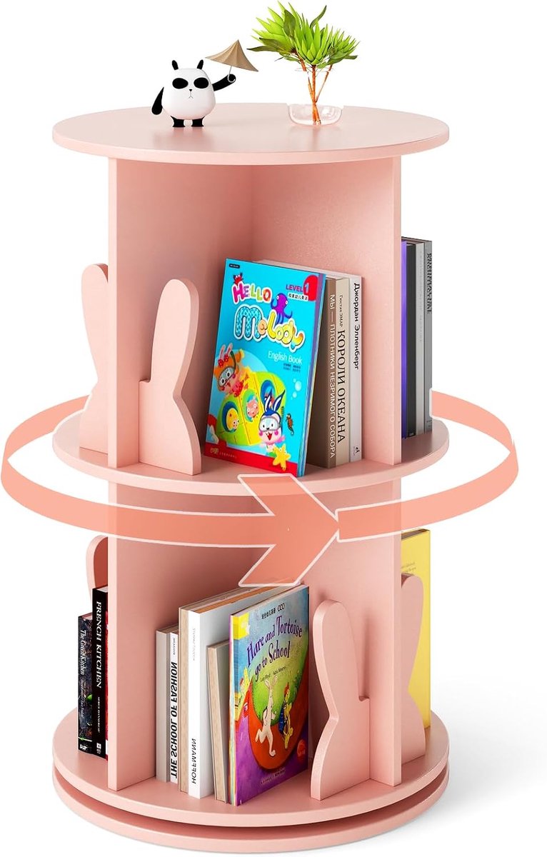 KOMFOTTEU Boekenkast voor kinderen - 360 graden draaibaar - kinderboekenkast met 2 niveaus - 8 vakken en boekensteunen - boekenrek - staand rek vrijstaand voor kinderkamer - speelkamer - roze