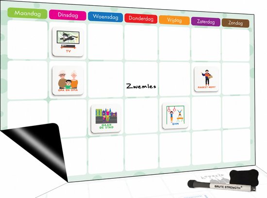 Magnetisch weekplanner whiteboard met iconen voor TV, opa en oma, zwemles, pakket komt, naar de stad en gym.