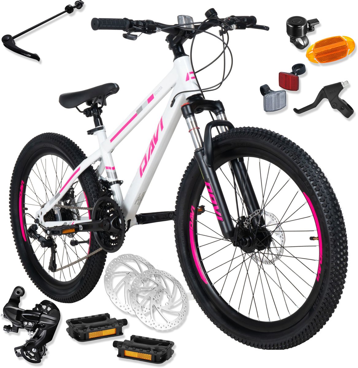 Davi Bonita – Kinderfiets – 24 inch – 21 versnellingen – Schijfremmen – 130-160 cm – Wit/Roze – Meisje