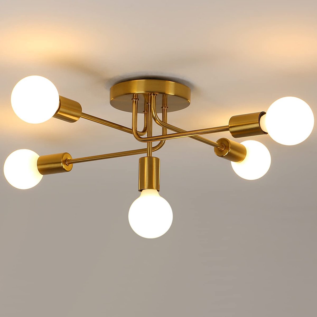 Riserva Plafondlamp industrieel retro onregelmatig goud, 5‑lichts E27 max 60W zonder lamp, gebogen buis design ijzer, 55cm