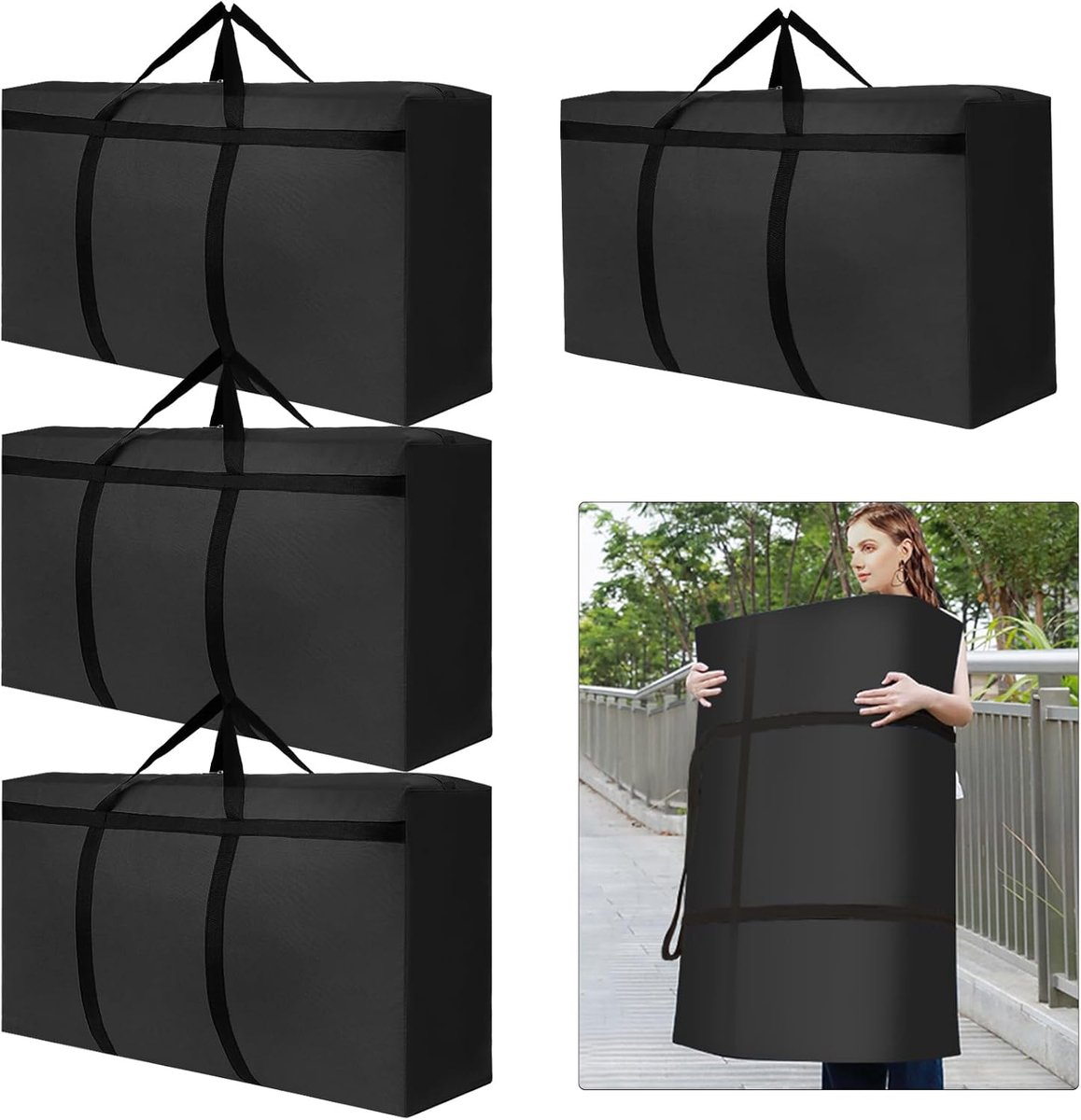4 stuks 180L grote opbergtas, 600D Oxford verhuistassen, extra grote verhuistas met ritsen voor verhuizing huis opslag kleding beddengoed dekbed quilt dekens waterdichte jumbo opbergzakken