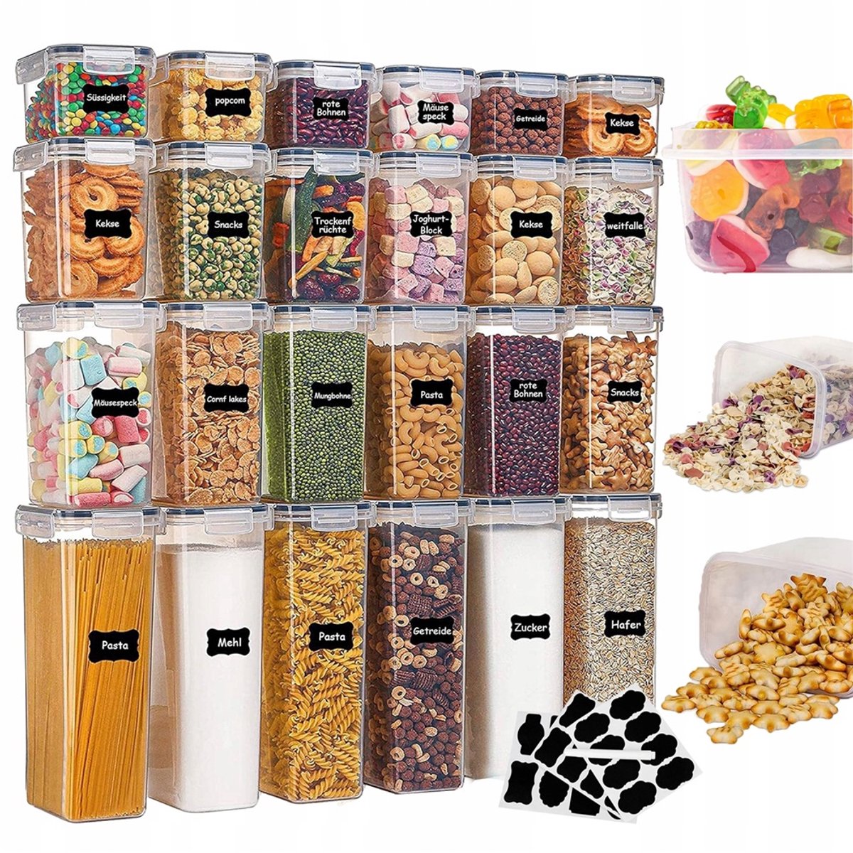 24 Stuks Voorraadpotten - Voorraadbussen Set - Vershoudbakjes - Voorraaddozen met Deksel Luchtdicht - Stapelbaar - Transparant - met Stickervel Labels & Stift - Opbergdoos Keuken - Voor Graan & Rijst & Meel & Suiker