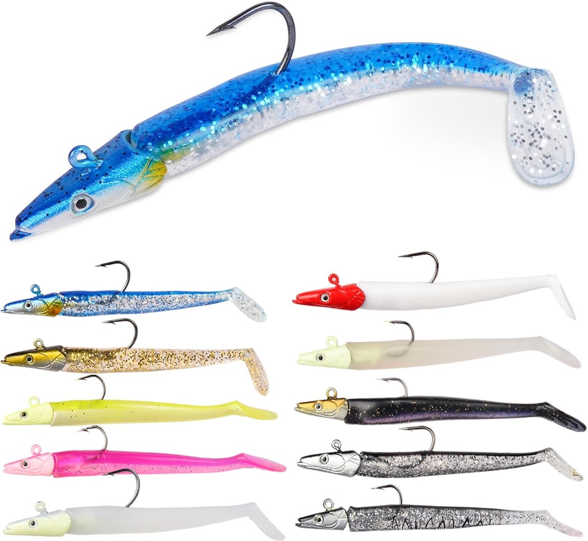 HOTUT Spinning Visaas, Set van 5 rubberen vissen, Zachte vissen aas met lood hoofd Jigs haak, kunstaas voor Zeebaars - ShopVlot