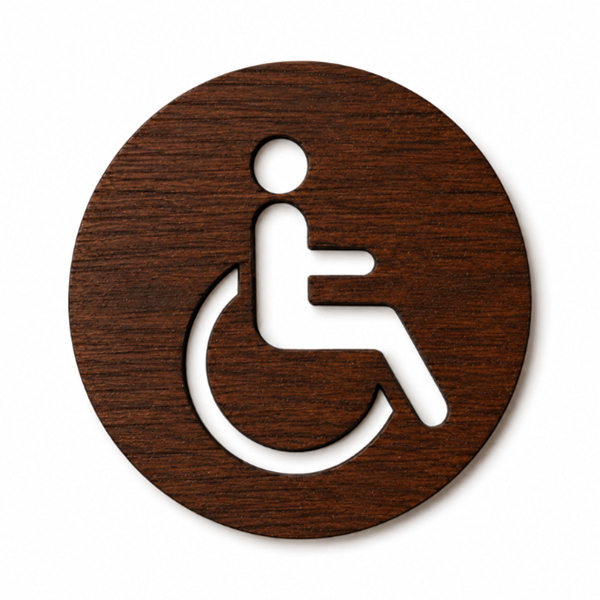 Zelfklevende houten toilet sticker – WC bordje met rolstoel pictogram – Rond hout design Ø6 cm – Palissander look - Eenvoudig te bevestigen