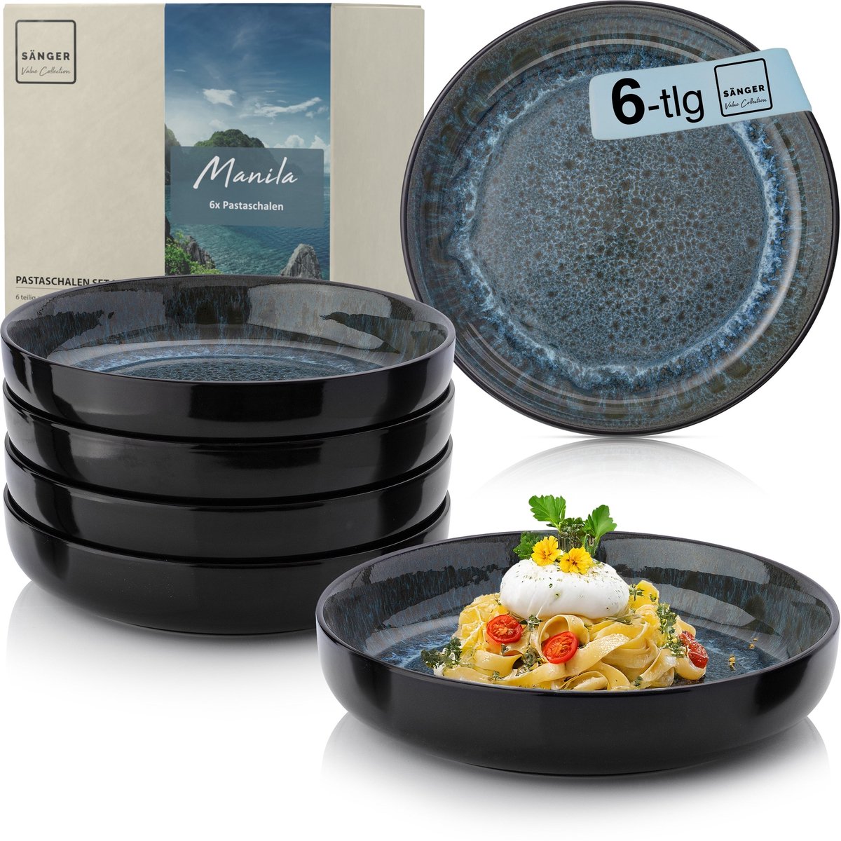 SÄNGER Pastaschalen Set Manila - 6-delige Aardewerken Pastakommen - Ø 22,2 cm x 4,5 cm - 750 ml - Geschikt Voor Pasta En Salades - Vaatwasmachine- En Magnetronbestendig