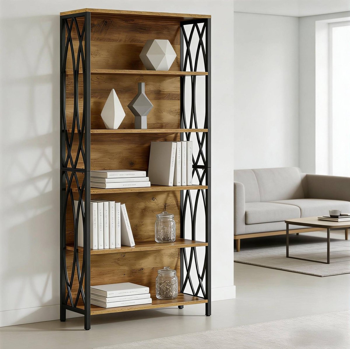 Wishdor Boekenkast - Industrieel open kast met ranken-design - Mdf en metaal - Zwart en bruin - 180 cm hoog - voor woonkamer, kantoor en slaapkamer