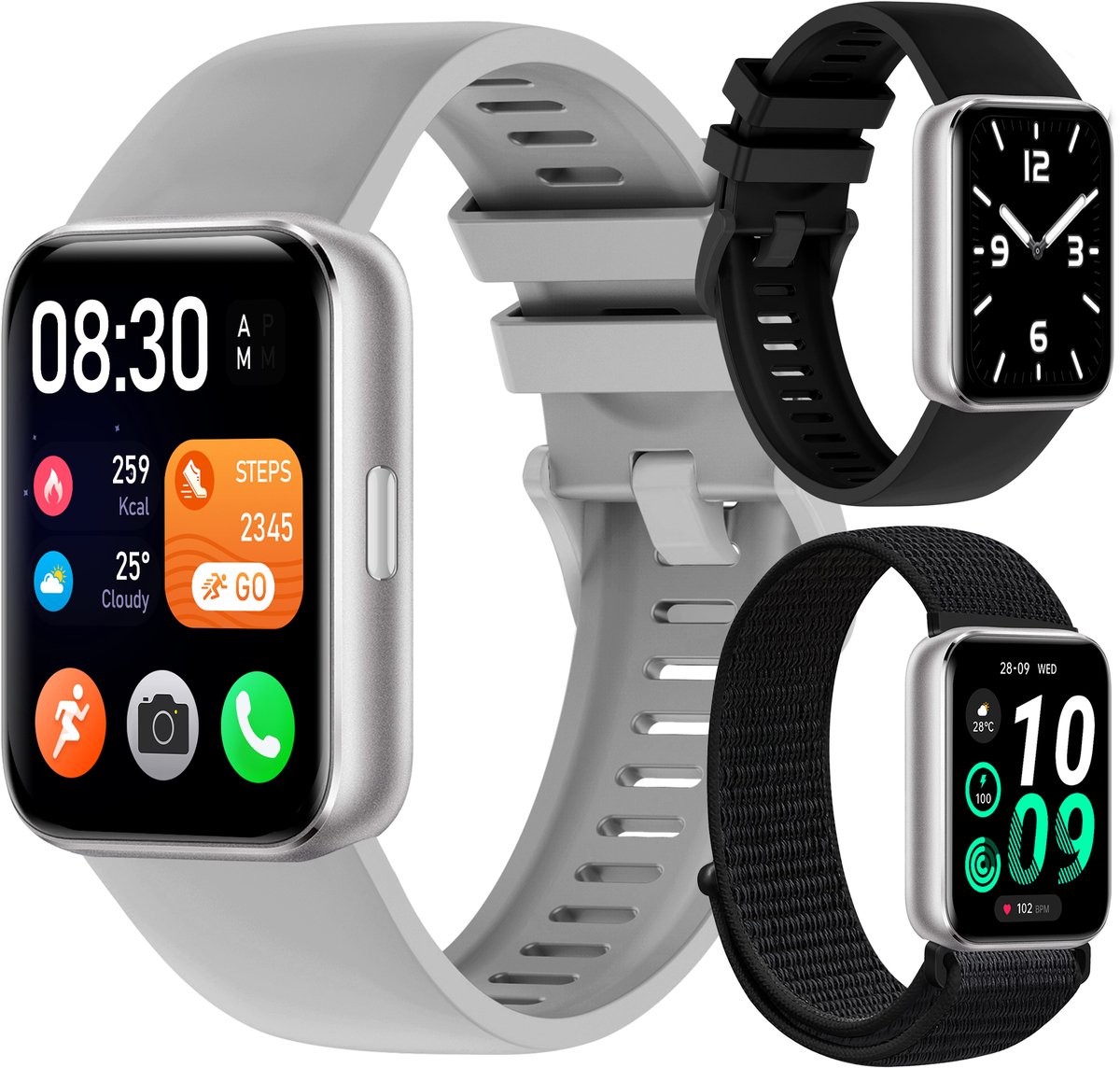 Siltcon® Activity Tracker Pro - Stappenteller Horloge Dames & Heren - Smartwatch Heren - Smartwatch Dames - Belfunctie - 1,75″ Touchscreen - Hartslagmeter & Bloeddrukmeter - Slaapmonitor - Elke Pols - Geschikt voor iOS/Android - Incl. 3 Bandjes