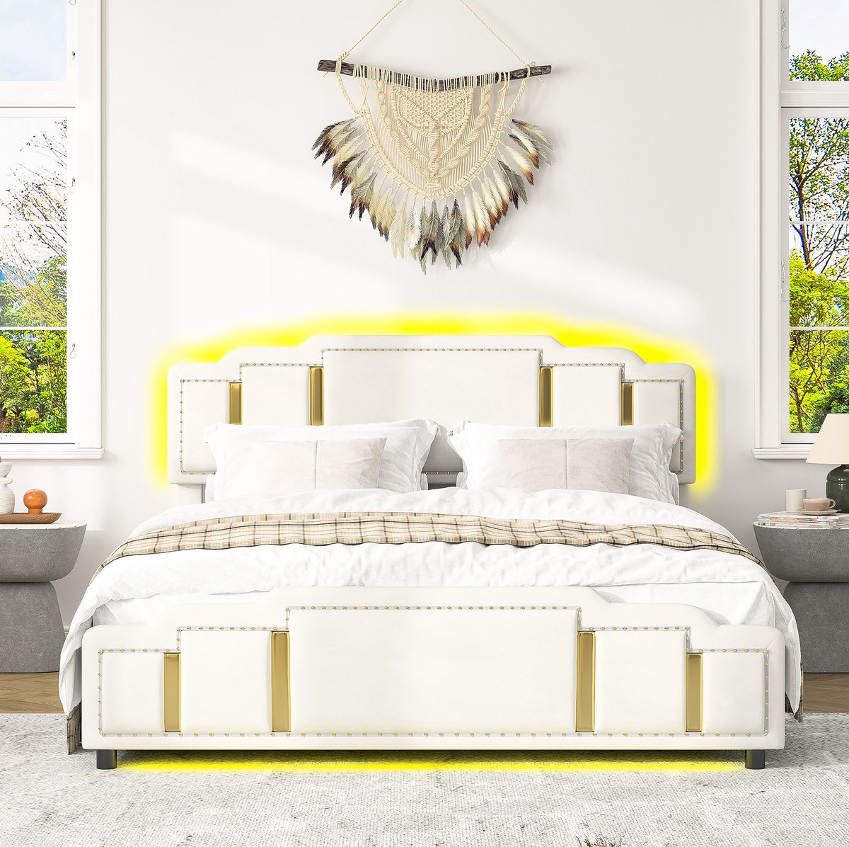 Wishdor Bedframe 140x200 cm - Hydraulische opbergruimte - LED verlichting - Gestoffeerd - Modern design - Beige fluweel - Met lattenbodem - Tweepersoons