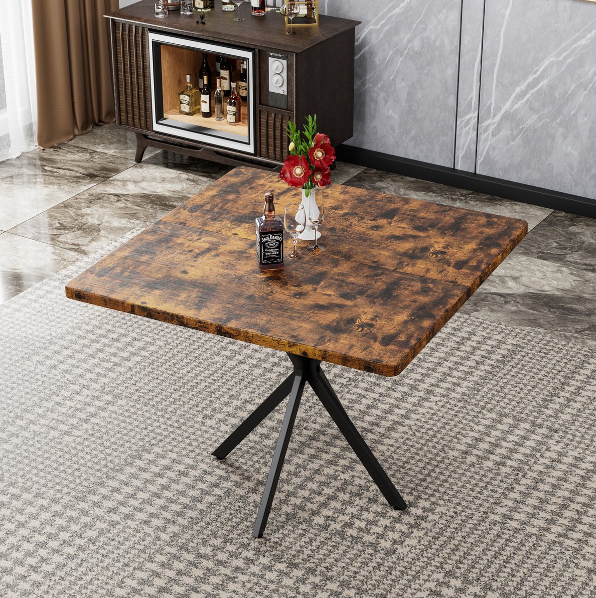 Wishdor Vierkante eettafel 98x98x78 cm - Mid century modern - MDF blad - Metalen onderstel met antislipvoetjes - Bruin - Voor 4-6 personen voor keuken en eetkamer Brown